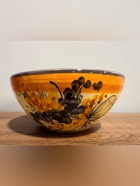 Hand Painted Vallauris Decorative Ceramic Bowl Floral Design Yellow Orange 5”